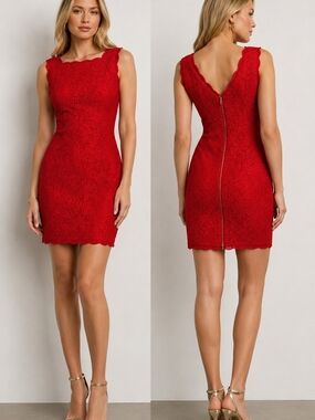ADRIANNA PAPELL Red Lace Cocktail Dress Women's Size 12 Sheath Midi Party